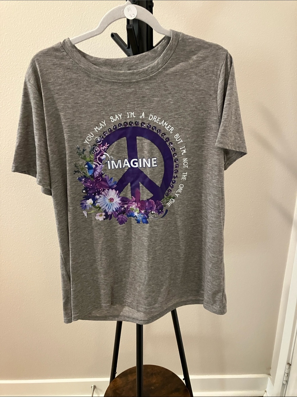 Imagine Peace Graphic Tee - Gray with Purple Floral Peace Sign